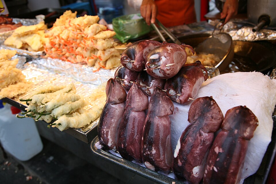 Sokcho Daepo Port twigim and ojingeo sundae Korean seafood snacks