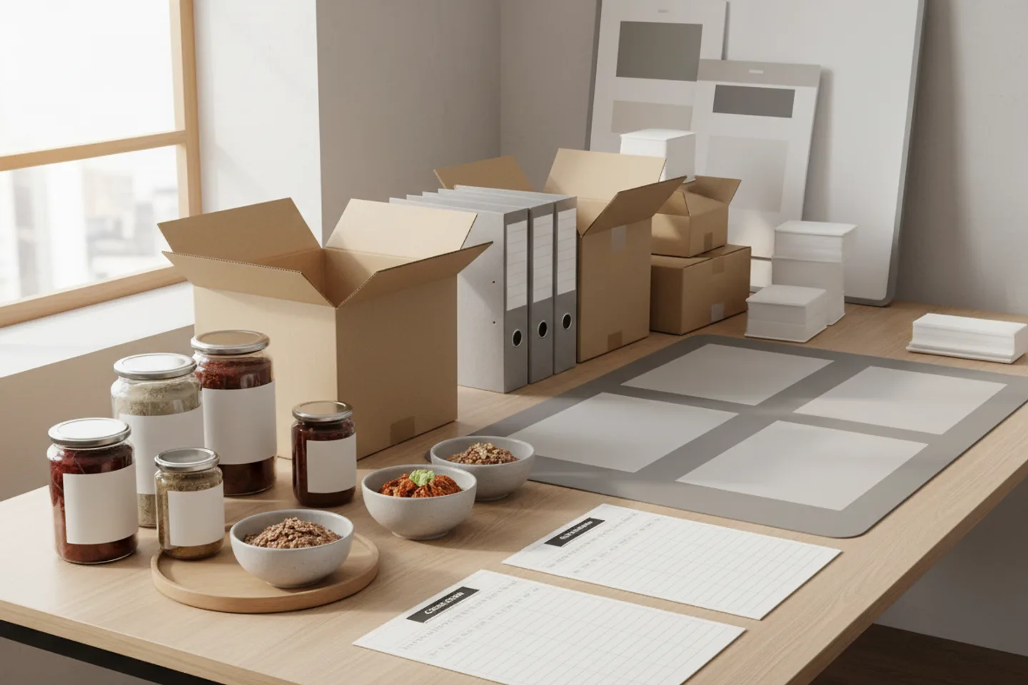 Mixboard-generated buyer sourcing desk with Korean food samples, cartons, and blank review sheets